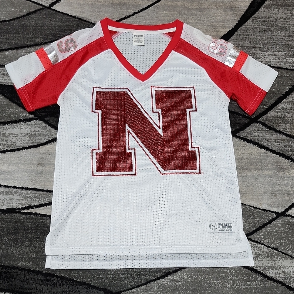 VS PINK 2015 CAMPUS NEBRASKA SEQUINS SILVER- SHINE "69" MESH COLLEGIATE JERSEY